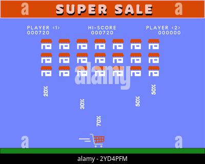 Cyber monday-Verkaufsbanner als Retro-Arcade-Videospiel. Einkaufswagen sammelt Rabatte, die Internetshops abgeben. Stock Vektor