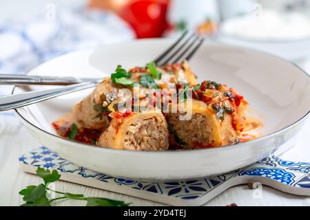 Kohlbrötchen mit Fleisch und Bulgur oder Reis. Stockfoto