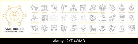 Symbol Für Stakeholder In Linienart Festgelegt. Zusammenarbeiten, Bauen, Partner, Aktionär, Geschäftsmann, Verhandlung, Plan, gemeinsam, Investoren, Anteil Stock Vektor