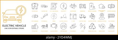 Symbol für Elektrofahrzeug in Linienart gesetzt. Symbole für Elektrofahrzeuge. Vektorabbildung. Bearbeitbare Kontur. Stock Vektor