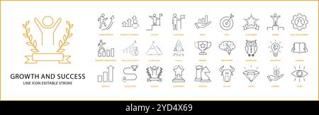 Symbol "Wachstum erfolgreich" im Linienstil festgelegt. Symbole für Wachstumserfolg. Vektorabbildung. Bearbeitbare Kontur. Stock Vektor