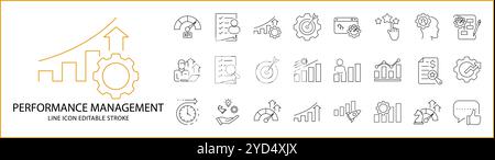 Leistungsmanagement-Symbole in Linienart. Eindämmung von Verbesserungen, Geschäften, Analysen, Prozessen, Wachstum, Entwicklung, Strategie, Optimierung usw. Stock Vektor