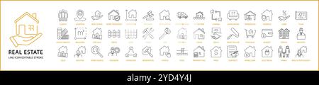 Real Estate Symbolset In Linienart. Wohnung, Haus, Gebäude, Eigentum, Miete, Hypotheken, Wohnen usw. Vektorabbildung. Stock Vektor