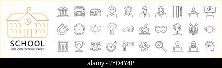 Schulsymbole Im Linienstil. Enthält Buch, Studium, Universität, Bildung, Student, hochschule, Wissenschaft, Lehrer usw. Symbolgruppe. Vektorabbildung. Edi Stock Vektor