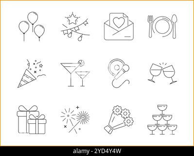 Partysymbol im Linienstil. Mit Musik, Veranstaltung, Essen, Umriss, Dekoration, isoliert, Geburtstag, modern, Festival, Spaß, glücklich usw. Stock Vektor