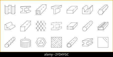 Symbolsatz für Stahlprodukte im Linienstil. Enthält Eisen, Metall, Stahl, Industrie, Rohr, Material, Metallurgie usw. Vektorabbildung. Stock Vektor