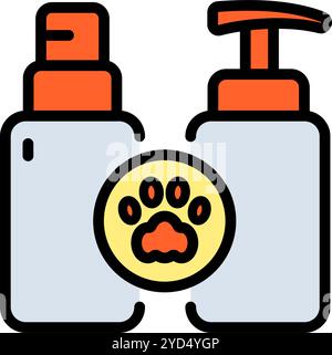 Pflege und Pflege von Katzen und Hunden. Haustier-Shampoo in der Flasche mit Pfoten-Farbsymbol. Kosmetik für Haustiere, isoliert auf weißem Hintergrund. Stock Vektor