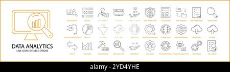 Data Analytics -Symbolgruppe In Linienart. Symbole für die Datenanalyse. Vektorabbildung. Bearbeitbare Kontur. Stock Vektor