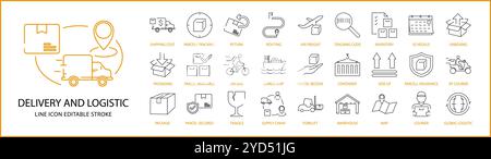 Symbol für Lieferung und Logistik im Linienstil festgelegt. Liefer- Und Logistiksymbole. Vektorabbildung. Bearbeitbare Kontur. Stock Vektor