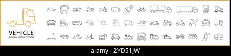 Fahrzeugsymbolgruppe. Symbole Für Fahrzeuglinien. Mit Transport, Auto, Bus, LKW, Kleinbus, Taxi, Abholung, Fahrrad, Roller, Umriss, Gabelstapler usw. Vektorbeleuchtung Stock Vektor