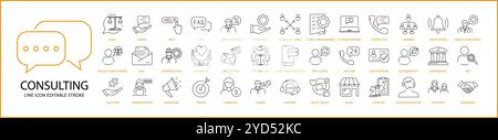 Consulting-Symbol im Linienstil festgelegt. Beratungssymbole. Vektorabbildung. Bearbeitbare Kontur. Stock Vektor