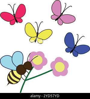 Eine Biene auf einer Blume und vier bunte Schmetterlinge. Satz von Vektorillustrationen im Cartoon-Stil Stock Vektor