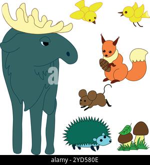 Elch Eichhörnchen kanarienigel Mäusepilze. Satz von Vektorillustrationen im Cartoon-Stil Stock Vektor