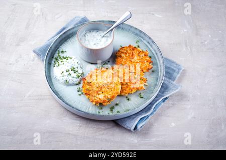 Traditionelle Pastinaken mit Schnittlauch und Quark Dip wurden als Nahaufnahme auf einem nordischen Teller mit Textabstand serviert Stockfoto