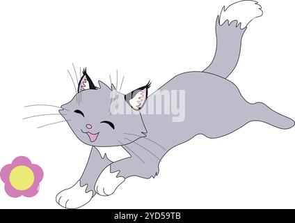 Nette glückliche graue Katze mit weißen Pfoten läuft mit geschlossenen Augen, Stock Vektor Stock Vektor