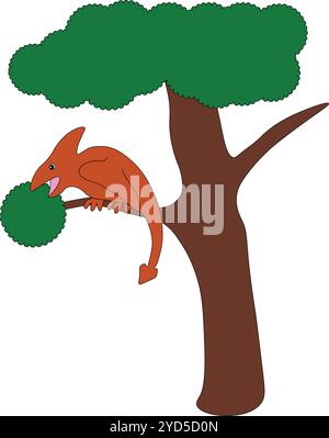 Braunes Pterodactyl, das auf einem Baumzweig mit grünen Blättern sitzt, Zeichentrick, einfach zu bearbeiten, Stock-Vektor Stock Vektor