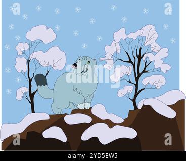 Niedliche flauschige wilde Katze Manul steht im Winter auf einem Felsen und schaut auf fallenden Schnee, Stock Vektor, Cartoon Stock Vektor