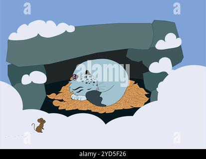 Der süße flauschige Wildkatzenmanul schläft im Winter in einer Höhle auf gelben Blättern, und eine kleine Maus sitzt neben ihm und schaut ihn an, Stock Vektor, Cartoon Stock Vektor