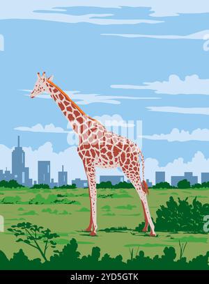 Art déco- oder WPA-Poster einer Giraffe im Nairobi-Nationalpark in Nairobi, Kenia Ostafrika, im Stil der Projektverwaltung. Stockfoto