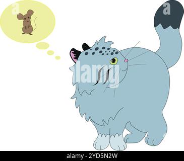 Niedliche wilde Katze Manul steht lächelnd und denkt an kleine Maus, Stock Vektor, Cartoon Stock Vektor
