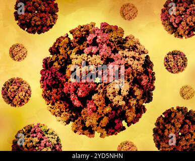 Kreatives Layout mit 3D-Renderings von Chikungunya-Virus-like Particles (VLPs). Stockfoto