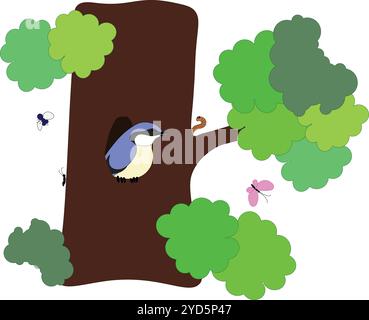 Niedlicher blauer Vogel Nuthatch sitzt in einer Baumhöhle im Sommer, um den Baum gibt es verschiedene Insekten, Stock Vektor, Cartoon Stock Vektor