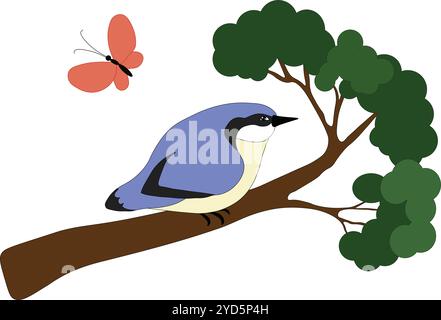 Niedlicher blauer Nuthatch Vogel sitzt auf einem Baumzweig, roter fliegt in der Nähe, Stock Vektor, Cartoon Stock Vektor