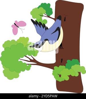 Niedlicher blauer Vogel Nuthatch sitzt auf einem Baum, der einen Flügel hebt, um verschiedene Insekten, Stock Vektor, Cartoon Stock Vektor