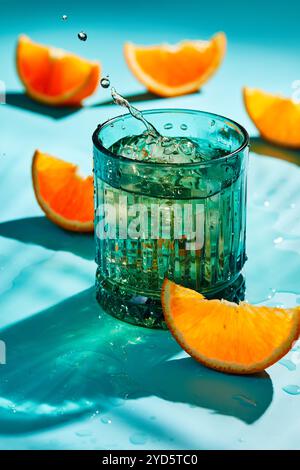 Sommergetränk mit Eis und Orangen, Limonade, alkoholischen oder alkoholfreien Cocktails. In ein Glas spritzen Stockfoto