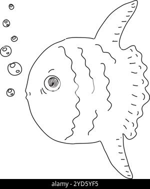 Nachdenklicher Mondfisch, der Blasen bläst, Seitenansicht, handgezeichnet mit schwarzem Pinsel auf weißem Hintergrund Stock Vektor