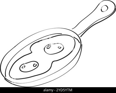Spiegelei auf einer Bratpfanne handgezeichnet mit Pinsel in schwarz auf weißem Hintergrund Stock Vektor