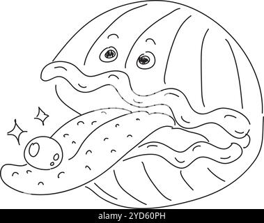 Eine Muschel mit einer Perle auf der Zunge, handgezeichnet mit schwarzem Pinsel auf weißem Hintergrund Stock Vektor