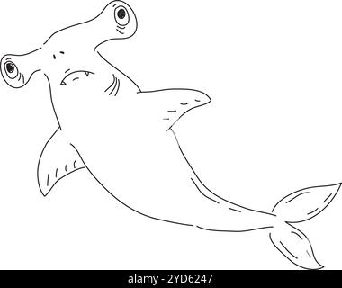 Überraschte Hammerhai-Fisch-Unteransicht, handgezeichnet mit schwarzem Pinsel auf weißem Hintergrund Stock Vektor