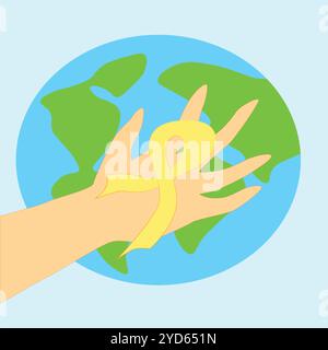 Hand mit gelbem Band auf Erde Hintergrund. Welttag Der Suizidprävention. Einfach zu bearbeiten. Viel Platz für Text/Kopieren. Stock Vektor
