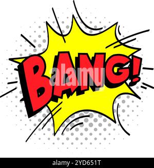 Red Bang Comic Explosion Text mit gelben Starburst und grauen Rasterpunkten, die Überraschung, Action und Wirkung im Grafikdesign hervorrufen Stock Vektor