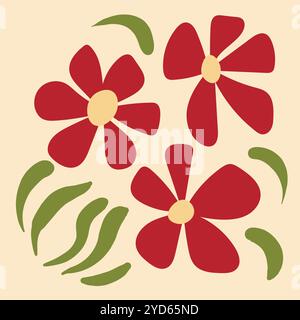 Modernes Poster, abstrakter Hintergrund mit Blumenkunst. Doodles im trendigen Retro-Hippie-Stil. Botanische Blume Vektor-Illustration Stock Vektor
