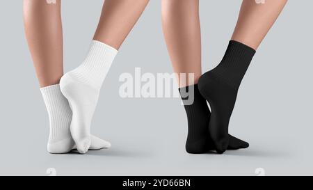 Modell aus weißen, schwarzen mittelgroßen Socken an den Frauenfüßen, ein Knöchel gestreckt, Seitenansicht. Set aus Gamaschen, isoliert, Sportbekleidung für Fuß, für Desi Stockfoto