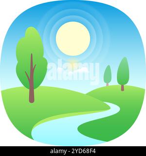 Üppig grüne Wiesen und Bäume gedeihen unter einer hellen Sonne, ein Fluss schlängelt sich friedlich durch die idyllische Landschaft und schafft ein harmonisches und Stock Vektor