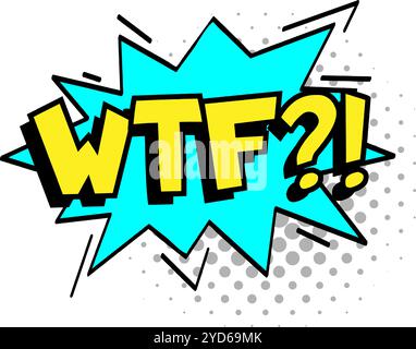 Leuchtend gelbe Buchstaben mit schwarzer Umrandung, die den Internet-Slang wtf zeigen, der Verwirrung und Überraschung in einem Comic-Stil mit Cyan ausdrückt Stock Vektor