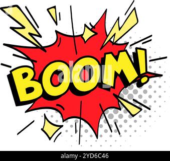 Die Comic-Explosion mit dem Wort „Boom“ wird mit Lichtern und Sternsymbolen dargestellt, die eine dynamische und wirkungsvolle visuelle Darstellung eines plötzlichen Stock Vektor