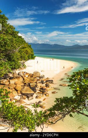 Malerischer tropischer goldener Nudey Beach mit türkisfarbenem Wasser auf Fitzroy Island. Sie ist eine Insel südöstlich von Cairns, Queensland, Australien. Stockfoto