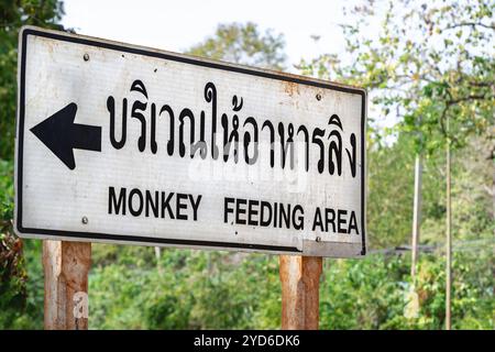 Seltenes altes Schild Affen Fütterungsgebiet Straßenseufzer in thailändischer Sprache Stockfoto