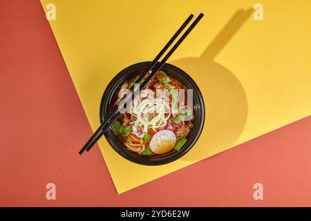 Birria Ramen, Conomme Suppe mit Rind und Nudeln. Mischung aus mexikanischer und asiatischer Küche. Stockfoto