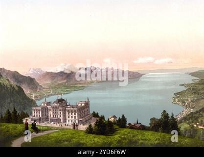 Rochers de Naye und Hotel de Caux, Genfer See, Schweiz, historische, digital restaurierte Reproduktion eines Originals aus dem 19. Jahrhundert, Datum des Datensatzes nicht angegeben Stockfoto