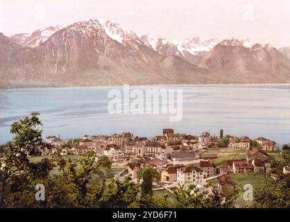 Montreux, Savoyen, Genfer See, Schweiz , Historische digital restaurierte Reproduktion eines Originals aus dem 19. Jahrhundert, Datum der Aufzeichnung nicht angegeben Stockfoto