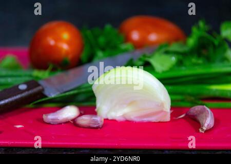 Klassische Kombination von Gemüse zum Kochen, Knoblauch, Zwiebeln, Tomaten, Petersilie, Schnittlauch und Rosmarin Stockfoto