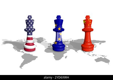 Schach aus USA, EU und China-Flaggen auf einer Weltkarte. China, die Europäische Union und die Vereinigten Staaten von Amerika handeln Stockfoto