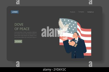 Illustration zum Ansprechen von Veteranen. Ein respektvoller Soldat grüßt mit einer Taube, die über dem Hintergrund der amerikanischen Flagge fliegt. Ehrend für Dienst und Frieden. Vektorabbildung. Stock Vektor