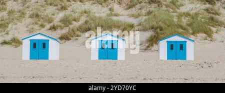 Vier farbenfrohe Strandhütten stehen in einer Reihe am Sandstrand von Texel, Niederlande, unter der hellen Sonne Stockfoto