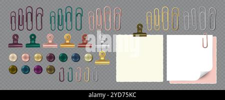Sammlung von Büroklammern, Bannerstiften und Papierhaltern, Ordnern. Isolierte realistische Vektordarstellung Stock Vektor